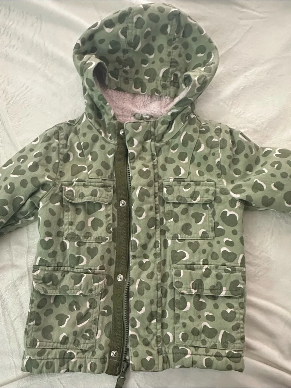 Cat & Jack Olive Green Heart Print Hooded Puffer Jacket